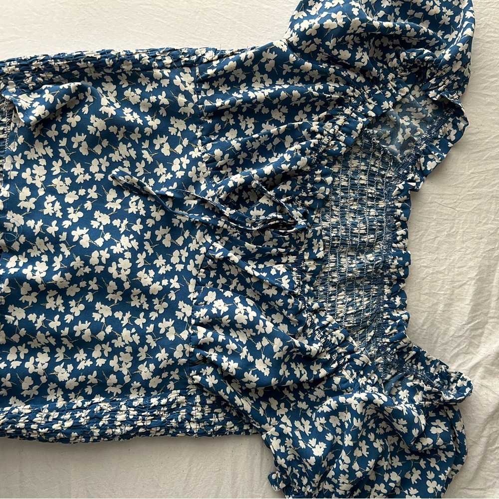 Floral Blue and White Smocked Top